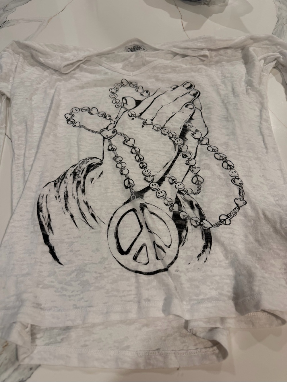 Lauren Moshi White Long Sleeve Tee with Black Peace Sign Graphic